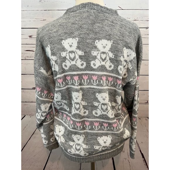 NWT Adele Knitwear Sweater Large Teddy Bears Heart Acrylic USA 80s Vintage Gray - Picture 8 of 10
